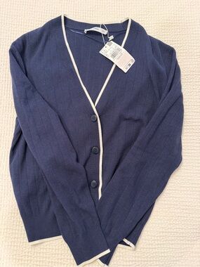 Mango Navy Blue Cardigan with Cream Trim